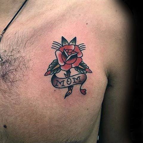 Mom Heart With Flowers Tattoo On Chest